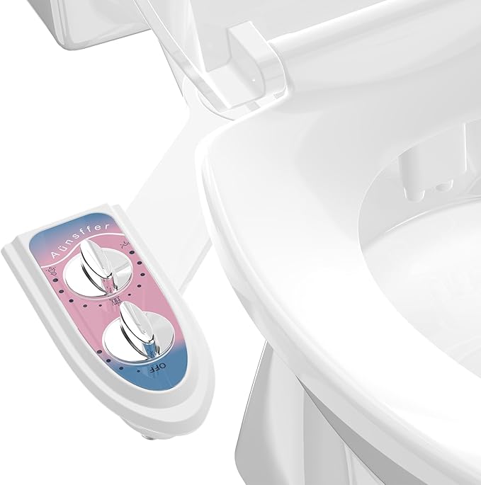 Aünsffer Toilet Bidet Attachment for Toilet, No-Electric Fresh Cold Water with Dual Nozzles Sprayer, 3 Wash Modes (Feminine/Bidet Wash + Self-Cleaning)，Fits Standard Toilet Bowl, Blue Pink