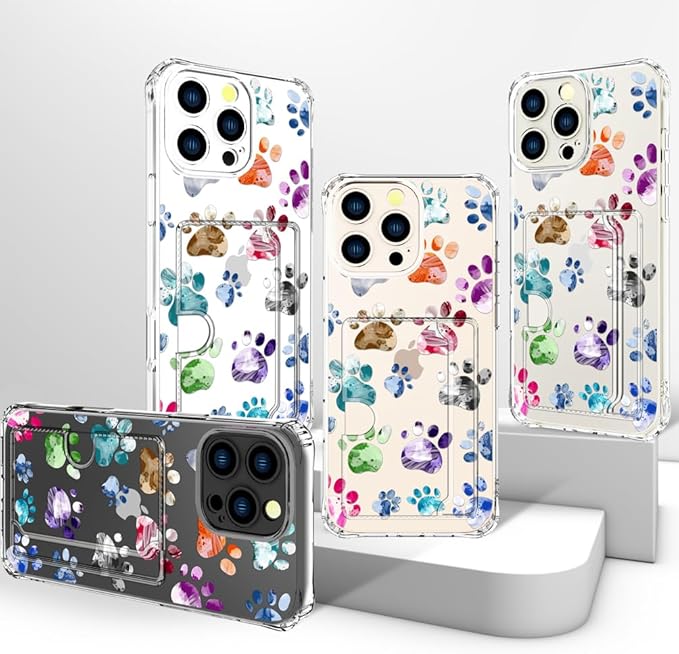 Compatible with iPhone 16 Pro Case Card Holder for Women Cute Design,Wallet Phone Cases Transparent Cool Kawaii Protective (Clear Lovely Dogs Paws)
