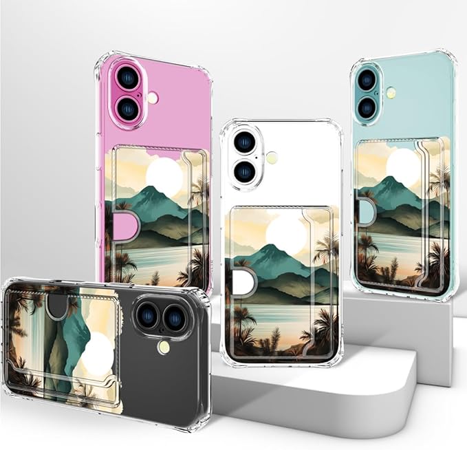 Compatible with iPhone 16 Plus Case Card Holder for Women Cute Design,Wallet Phone Cases Transparent Cool Kawaii Protective (Clear Ocean Sun Mountains Sunset)