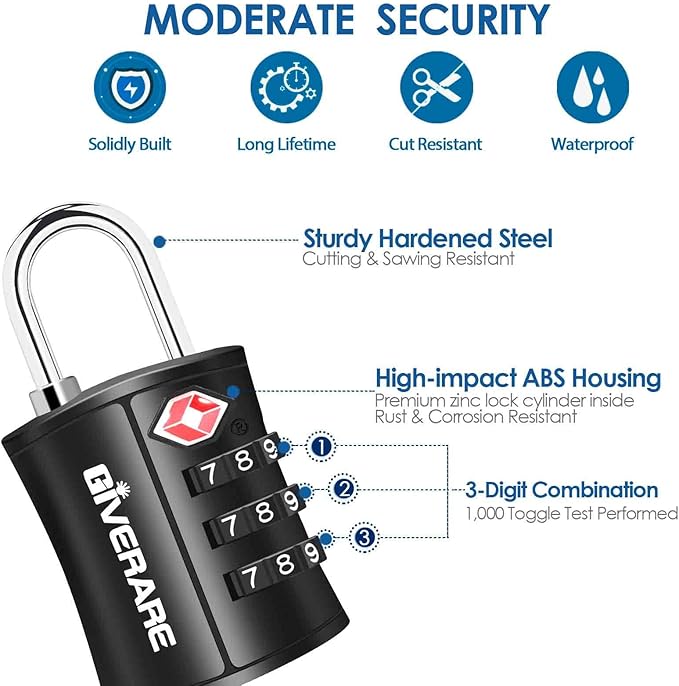 4 Pack TSA Approved Travel Luggage Locks, Combination Lock Keyless, 3-Digit Padlocks, Travel Sentry Accepted Compatible Padlock for Gym Locker, Golf Bag Case, Backpack, Black-by GIVERARE
