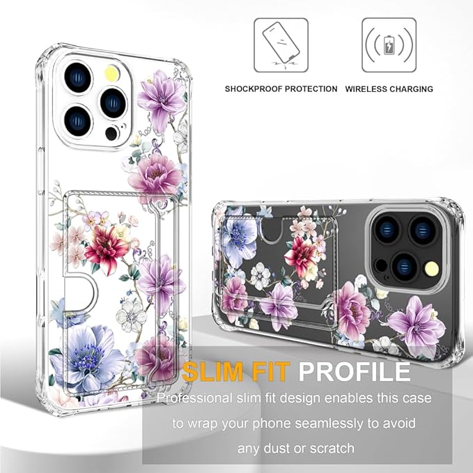 Compatible with iPhone 16 Pro Case Card Holder for Women Cute Design,Wallet Phone Cases Transparent Cool Kawaii Protective (Clear Wonderful Large Flowers)