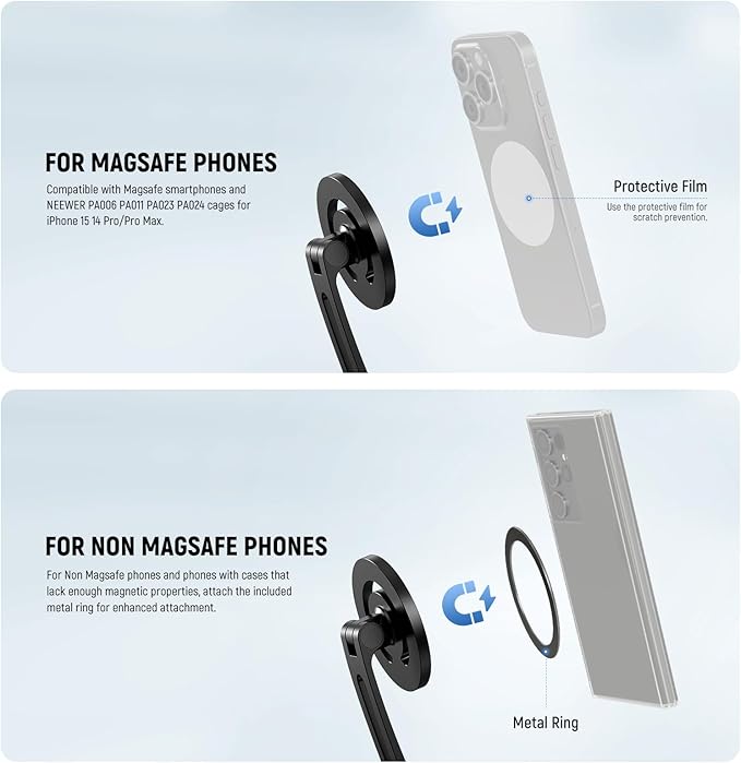 NEEWER Magnetic Neck Holder for Action Camera & Phone, Hands Free Tripod Chest Mount Compatible with GoPro DJI Insta360 Magsafe iPhone Android, Phone Holder for Video Recording POV Vlog, GP16