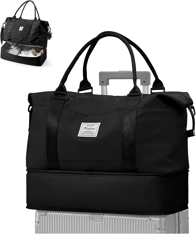 Travel Duffel Bag, 18x14x8 Inches Travel Bag Spirit with Shoes Compartment, Weekender Overnight Bag for Women with Trolley Sleeve, Carry On Bag for Airplanes Sport Tote Gym Bag (Black).