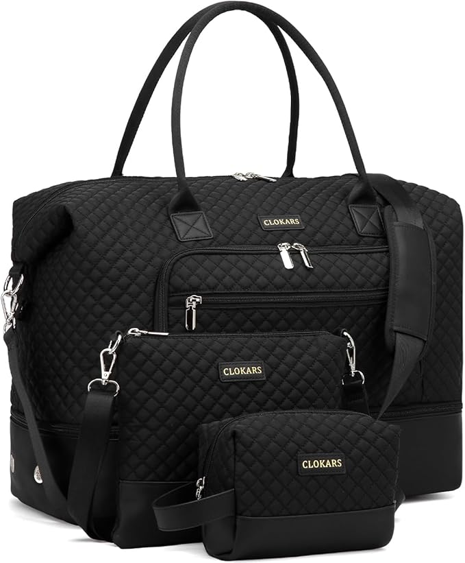 Weekender Bags for Women, Travel Duffle Bag Carry On Overnight Bag with Cosmetics Bag and Crossbody Purse for Gym Hospital, Gifts for Women, Black