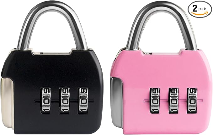 Small Combination Padlock, 3-Digit Combination Locks, Travel Luggage Lock with Code, Mini Combo Lock for Suitcase, Locker, Bag, Box, Backpack Zipper, Diary (Black+Pink, 2-Pack)