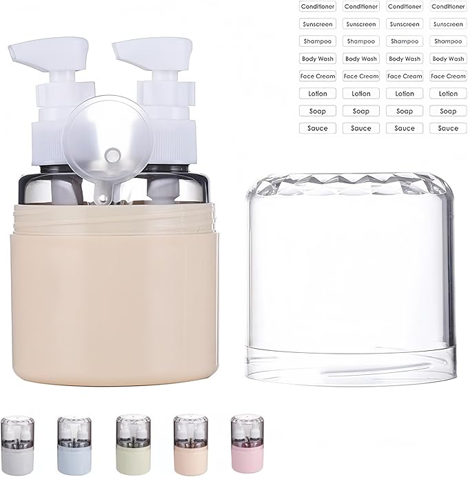 CLOUDEMO Mini Shampoo Dispenser Portable Travel Bottle Set, 2-in-1, 3-in-1, 4-in-1 Mini Dispenser Portable Travel Set, Leak Proof Refillable Travel Containers with Labels (Beige,2 in 1)