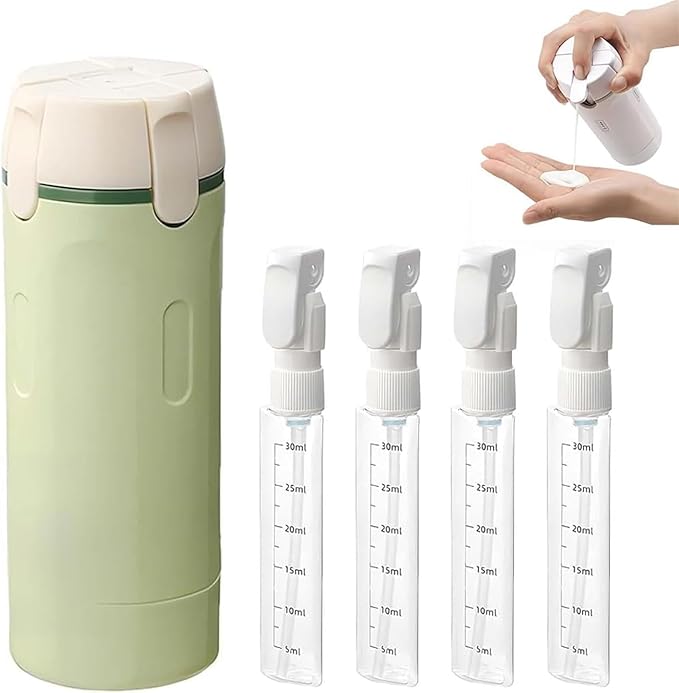 4 in 1 Travel Dispenser Set with 4 Pack 30ML Leak Proof Bottles for Toiletries, Portable Containers for Shampoo Lotion Conditioner Cream (Green)