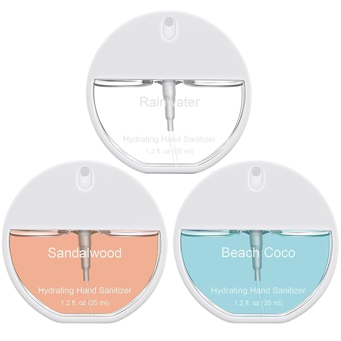 Set of 3 Power Mist Hydrating Hand Sanitizer Spray Travel Size Moisturizing Hand Sanitizer 1.2 Fl. oz Compact Round Spray Bottle Sandalwood Beach Coco Rainwater Scent for Summer Party Gifts