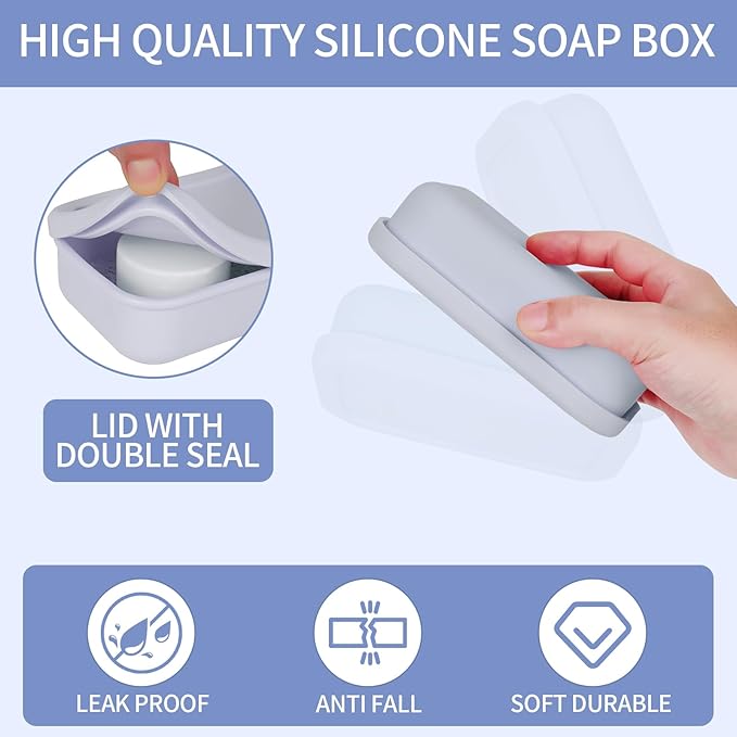 Leak Proof Travel Soap Case,Large Silicone Travel Soap Holder,Portable Soap Box with Drainage Layer,Bathroom Shatter Proof,Suitable for Travel, Bathroom, Camping, Gym(Light Gray)