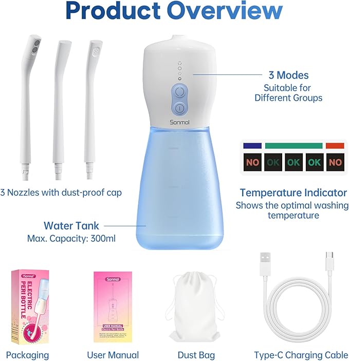 Sonmol Electric Peri Bottle for Postpartum Care, 3 Nozzles & 3 Modes, Portable Bidet for Perineal Cleaning and Recovery, Handheld Travel Bidet, Rechargeable Perineal Bottle, 10.2 oz