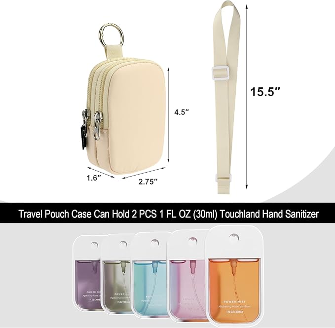 Beautyflier Double Pockets Hand Sanitizer Spray Case for Touchland Power Mist and Glow Mist 1FL OZ, Zipper Pouch for Hand Sanitizer Spray Bottle, with Extra Removable Neck Strap, Fits Travel (Beige)