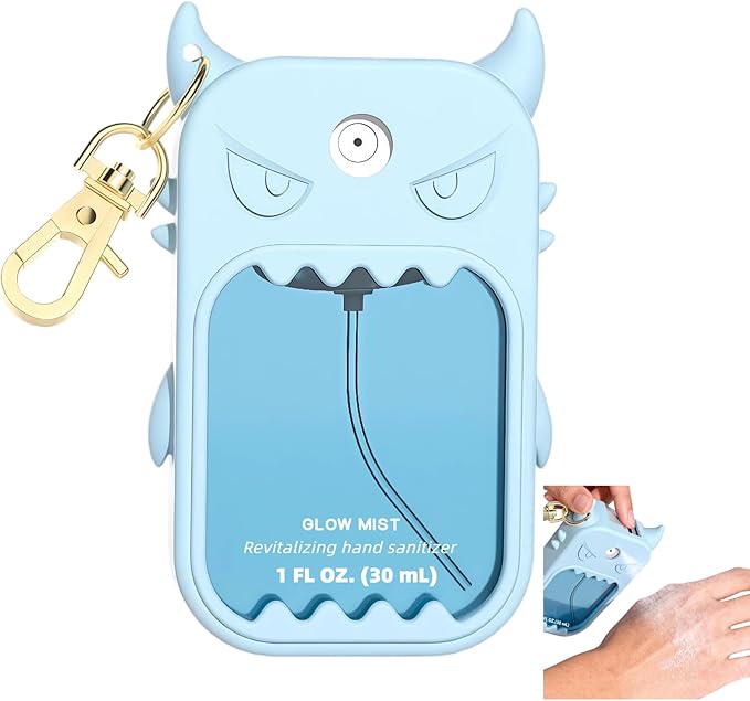 Hand Sanitizer Case Compatible with Touchland 1 Fl Oz, Cute Monster Silicone Spray Holder with Keychain for Bags, Sky Blue