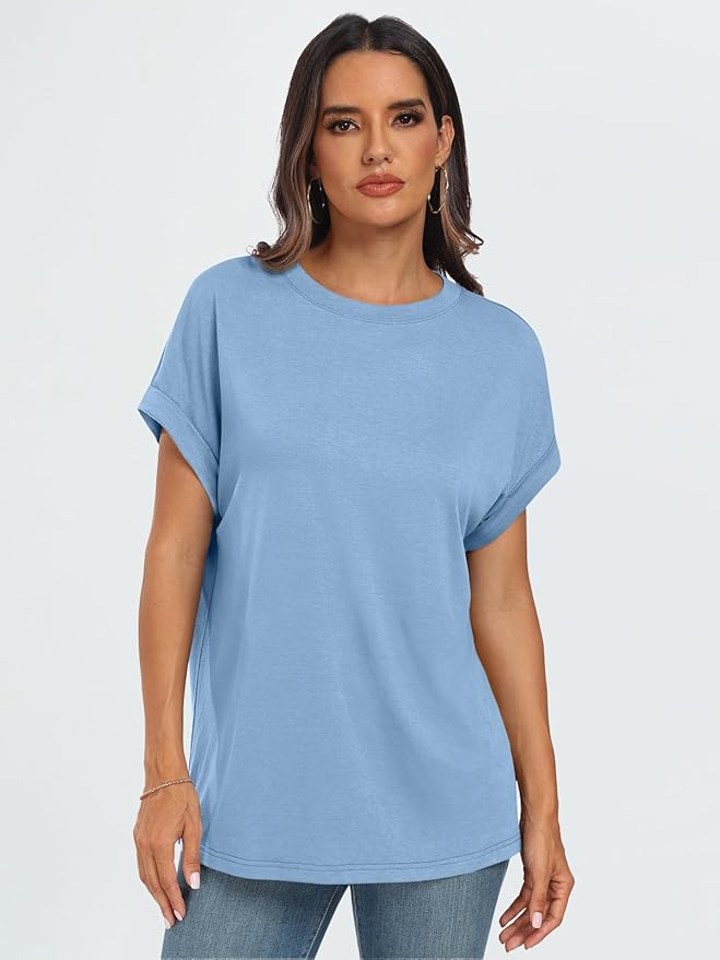 AUTOMET Women's Oversized Short Sleeve T Shirts Casual Drop Shoulder Rolled Cuff Summer Tops for Work, Travel and Lounge