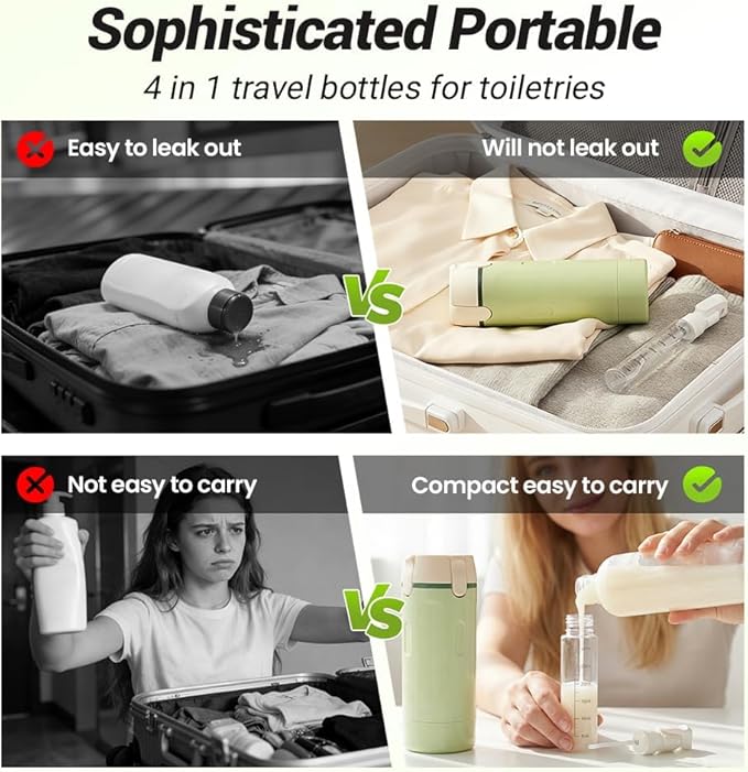 4 in 1 Travel Dispenser, Travel Bottles for Toiletries, Squeeze Leak Proof Dispenser Bottles with Scale and Label for Shampoo Lotion Shower Gel, Suitable for Travel, Camping and Gym(2 PC, Mixed)