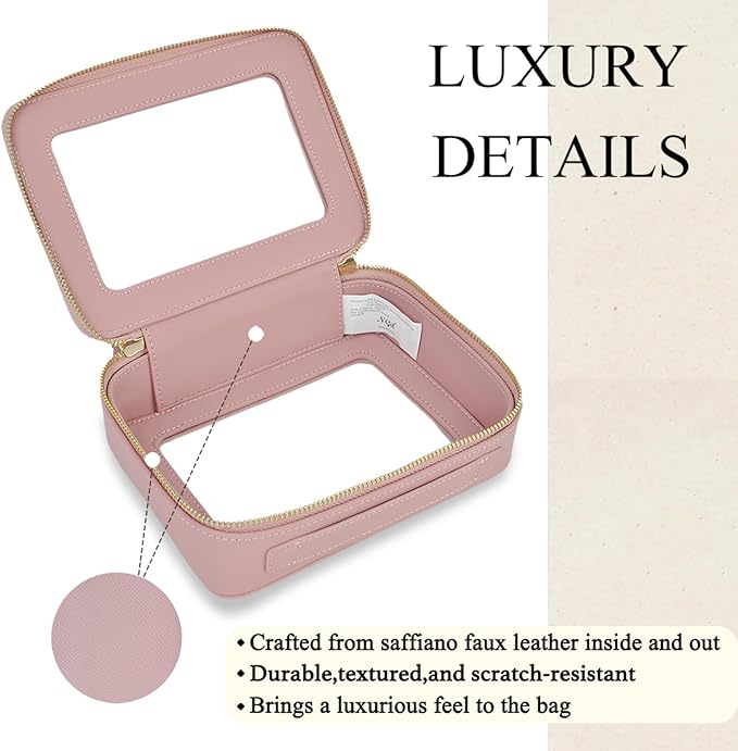 NGIL Clear Faux Leather Travel Toiletry Bag, Makeup Bag Organizer for Women, Clear Window & Gold Zipper Makeup Bag, Road Trip Essential, Skincare, Cruise Ship Essentials (Pink)