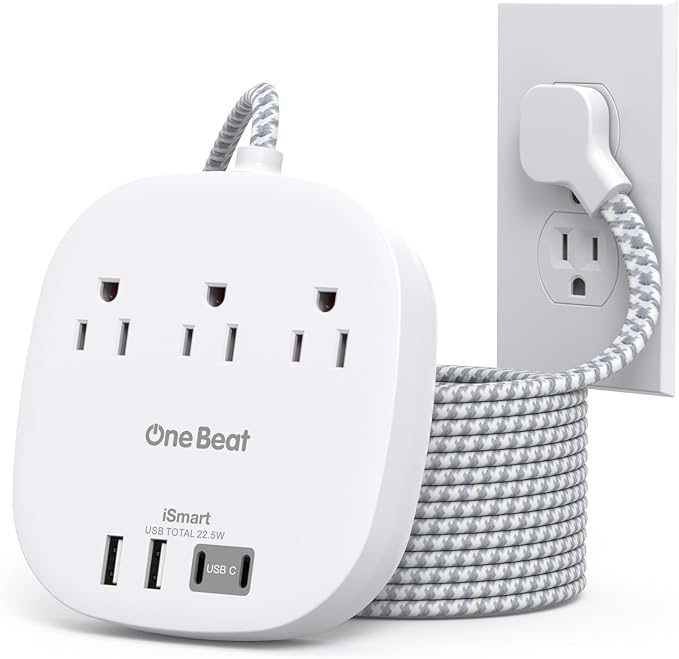 22.5W/4.5A Travel Power Strip with Surge Protector, 3 Outlets with 4 USB Ports (2 USB C), Flat Plug Extension Cord 6 Feet, Desktop USB Charging Station for Home, Office, College Dorm Essentials