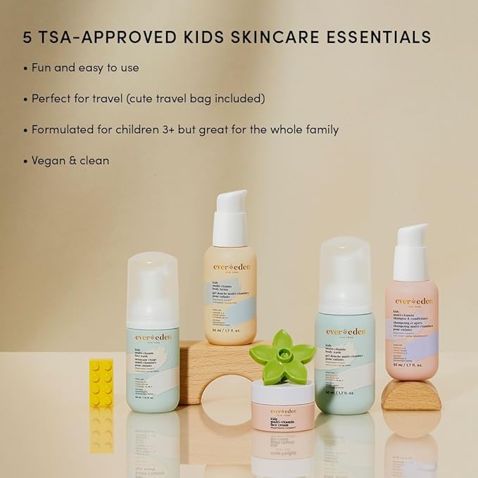 Evereden Kids Travel Essentials Set: Clean & Vegan 5-Piece Skin Care Set for Kids | Body Wash, Lotion, Face Wash, Cream, 2-in-1 Shampoo & Conditioner | TSA-approved | Travel Size Toiletries