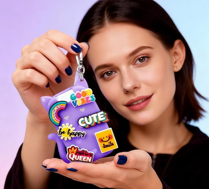 Portable Silicone Case Compatible with Touchland Hand Sanitizer 1 FL OZ / 30ML, Cute Cat-Shaped Case with 8 Charms and Keychain, Hand Sanitizer Spray Accessory, Gift for Women And Teens(Purple cat)