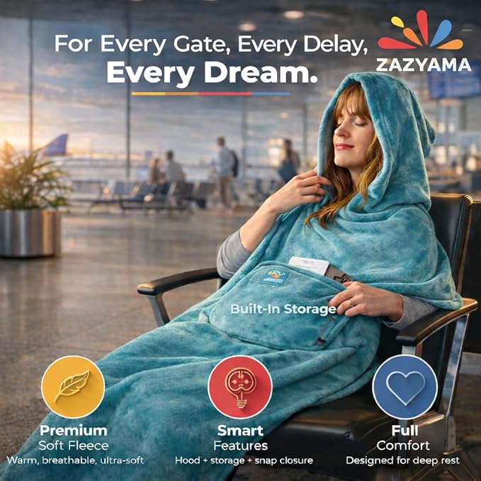 3-in-1 Travel Blanket Airplane – Compact with Bag & Pillow Combo Set, Ultra-Soft Fleece | Packable Blanket Compact | Hidden Pocket | Trolley Sleeve | Carabiner | Travel Essentials (Aqua Teal)
