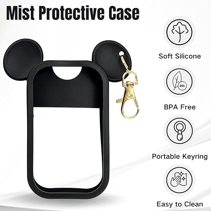 Mouse Design Silicone Case Compatible with Touchland Hand Sanitizer Spray 1 fl oz, Silicone Protective Case Holder with Keychain for Power Mist and Glow Mist, Black