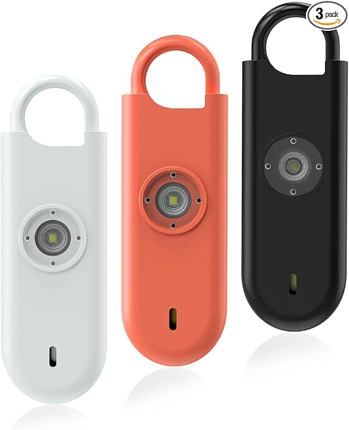Fauxomor 140dB Personal Safety Alarm for Women, 3 Pack Safe Alarm Protection Keychain with Strobe Light & Low Battery Notice, Security Siren Self Defense for Seniors College Girls, White+Orange+Black