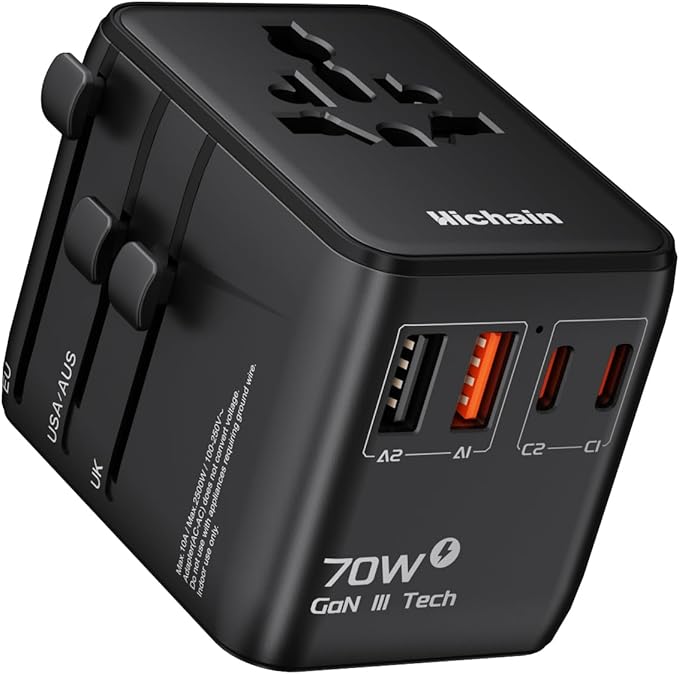 Hichain 70W GaN Universal Travel Adapter, European Travel Plug Adapter 2 USB-A & 2 USB-C Fast Charging Travel Adapter All-in-one International Power Adapter for USA EU UK AUS Travel Essentials Black