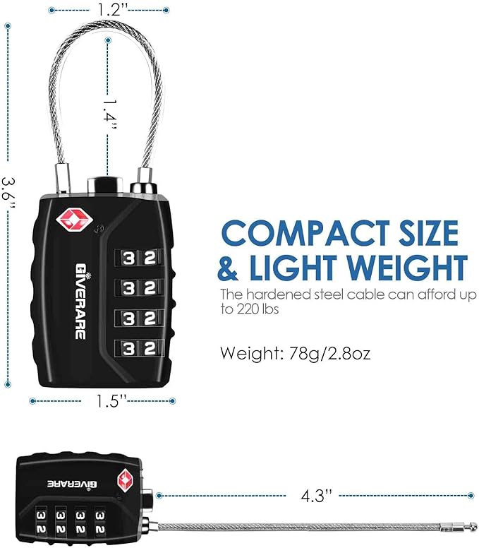 2 Pack TSA Approved Travel Luggage Locks, 4-Digit Metal Cable Combination Suitcase Lock, Alloy Padlocks, Weatherproof Padlock for Locker, Golf Bag, Gun Case, Backpack, Anti Theft-Black&Silver