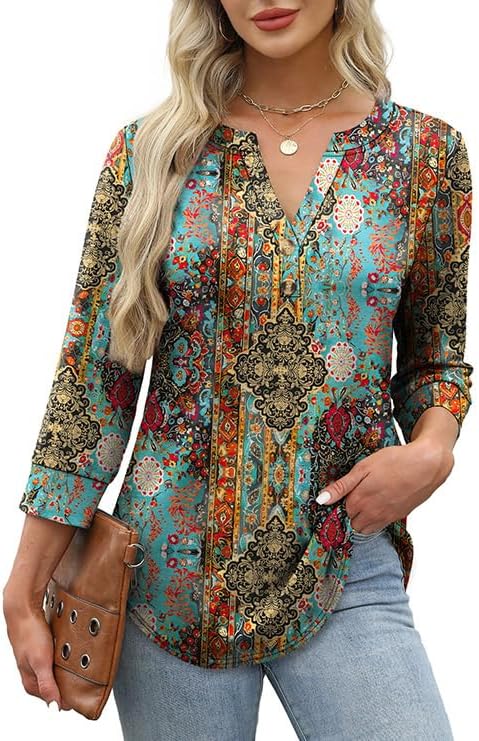 OFEEFAN Womens Tops 3/4 Sleeve Henley Shirts for Women Summer Outfits Fashion Clothing