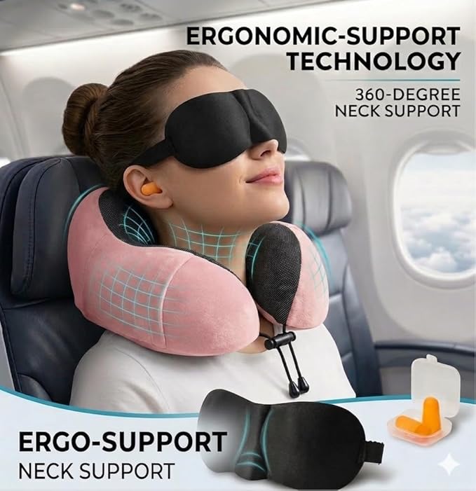 Airplane Travel Neck Pillow, 100% Memory Foam Ergonomic Neck Support, Airplanes Neck Pillow with Washable Cover Travel Essential for Flight Car & Office Includes Eye Masks, Earplugs & Carry Bag (Pink)