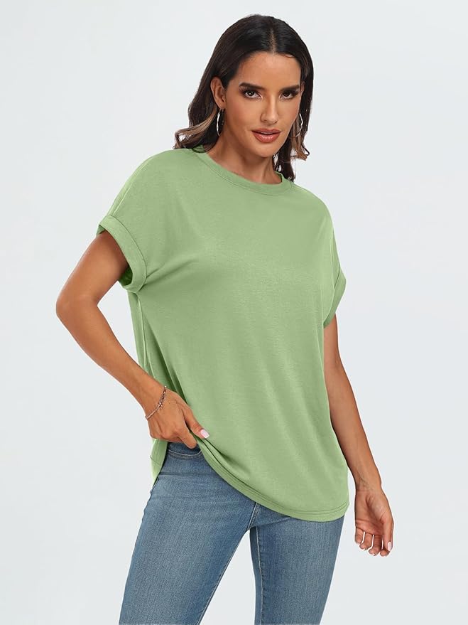 AUTOMET Women's Oversized Short Sleeve T Shirts Casual Drop Shoulder Rolled Cuff Summer Tops for Work, Travel and Lounge