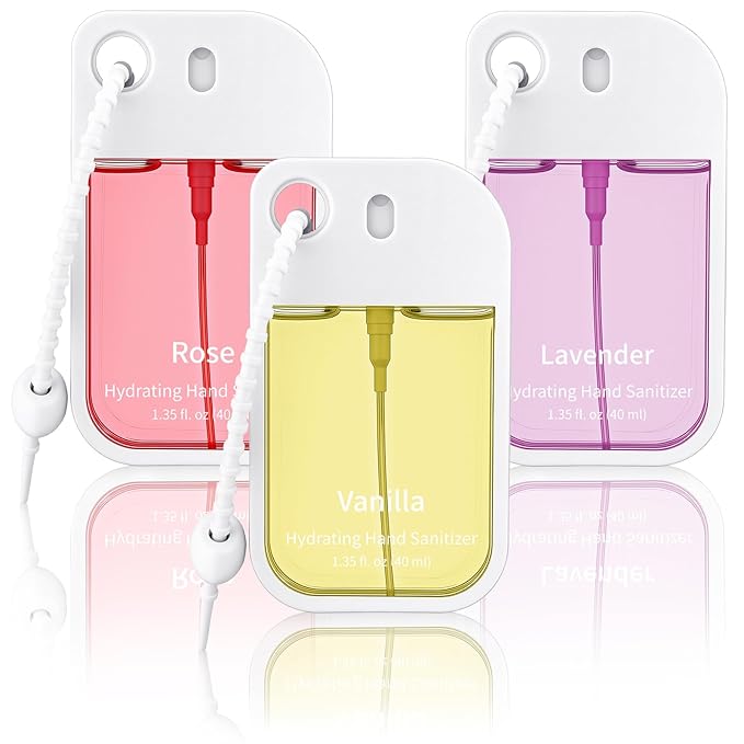 Set of 3 Power Mist Hydrating Hand Sanitizer Spray Bulk with Keychain Travel Size Refreshing Hand Sanitizer 1.35 Fl. oz Compact Card Spray Bottle Rose Lavender Vanilla Scent for Friends Gifts