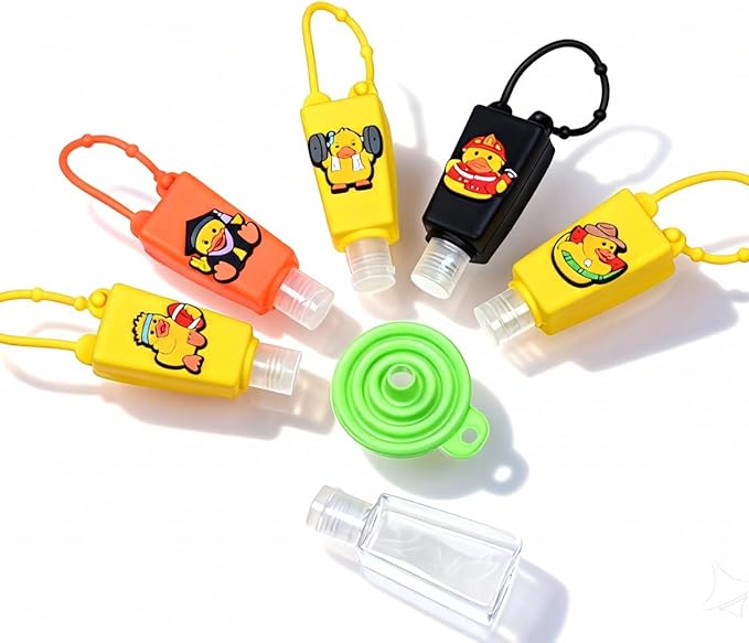 5-Pack Cartoon Kids Hand Sanitizer Holder, 30ml Travel Size Refillable Bottles with Silicone Case, Leak-Proof Portable Containers for Lotion & Liquid Soap (Duckie Fun)
