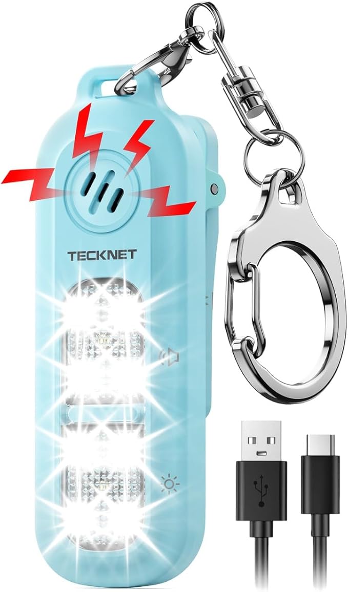 TECKNET Personal Safety Alarm 135dB with SOS Strobe Light for Women - Rechargeable& IPX4 Waterproof Running Lights with Clip On Torch & Low Battery Notice, Safety Siren for Running, Travel Kids, Blue