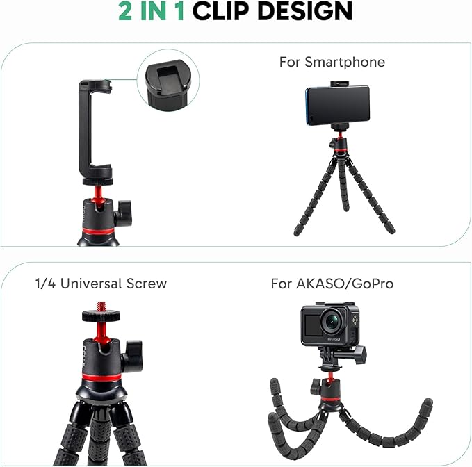 AKASO Action Camera Accessories Kit Compatible with AKASO Action Camera EK7000/Brave 4/Brave 7 LE/Brave 7/Brave 8/V50X/GoPro Hero12/11/10/ 9/8 Max/DJI Osmo Action (Flexible Selfie Stick Tripod)