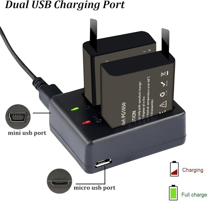 3 x 1050mAh Rechargeable Action Camera Battery with USB Dual Charger Compatible with AKASO EK7000/Brave 4/V50X/Apexcam/VEMONT/Dragon Touch Vision 3/REMALI CaptureCam/Jadfezy Action Camera