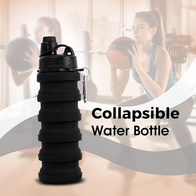 Collapsible Water Bottle for Adults, Boys, Students, Kids, Reusable Silicone Foldable Water Bottles for Travel Camping Hiking, Portable Sports Water Bottle, Black