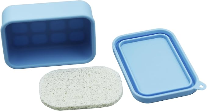 Leakproof Silicone Travel Soap Case,Portable Soap Box with Draining Layer for Shower,Bathroom,Camping,Hiking,Gym (Light Blue)