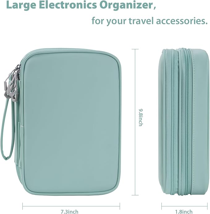 Bevegekos Tablet Accessories Case Bag, Travel Large Electronics Organizer for Chargers & Cords, Cables, 7.9 Inch Tablet, Airplane Essentials, 2 Layers (Mint Green)