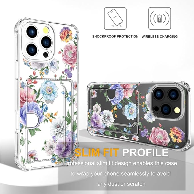 Compatible with iPhone 16 Pro Case Card Holder for Women Cute Design,Wallet Phone Cases Transparent Cool Kawaii Protective (Clear Amazing Lovely Flowers)