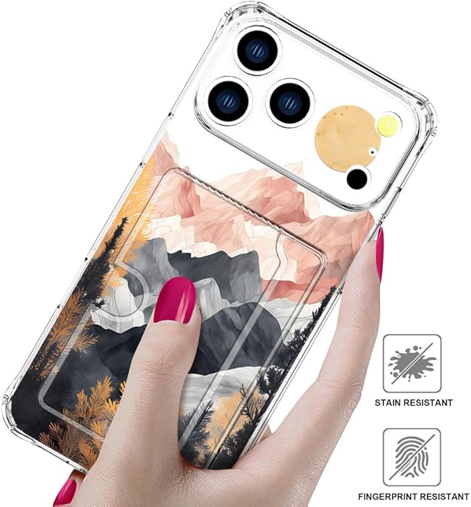 Compatible with iPhone 17 Pro Max Case Card Holder for Women Cute Design,Wallet Phone Cases Transparent Cool Kawaii Protective (Clear Mountain Hill Landscape)