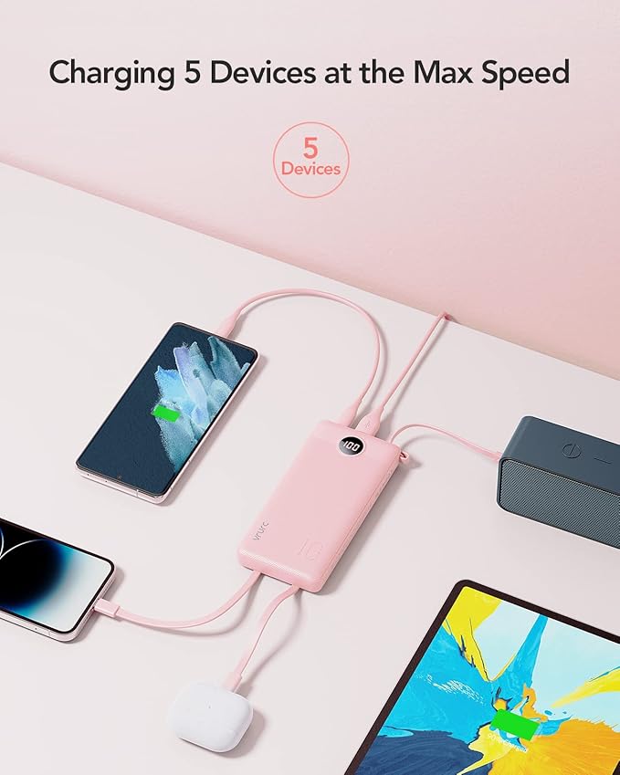 VRURC Portable Charger Power Bank, 10000mAh Travel Essentials Battery Pack, Compact Charging Bank Built-in Cables Cords Compatible with iPhone 17 Pro 17 16 15 14 13, Samsung Phones-Pink(1 Pack)