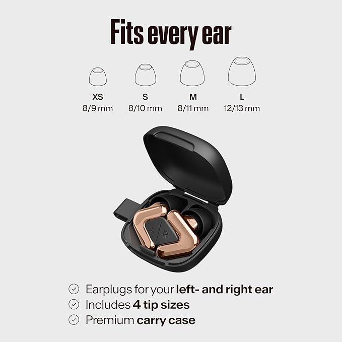 Alpine Tune Earplugs, Concert Ear Plugs for Noise Reduction, High Fidelity Music Quality, 19dB Hearing Protection with Crystal Clear Sound, Incl. 4 Sizes, Parties, Raves, Festivals & Clubs, Rose Gold