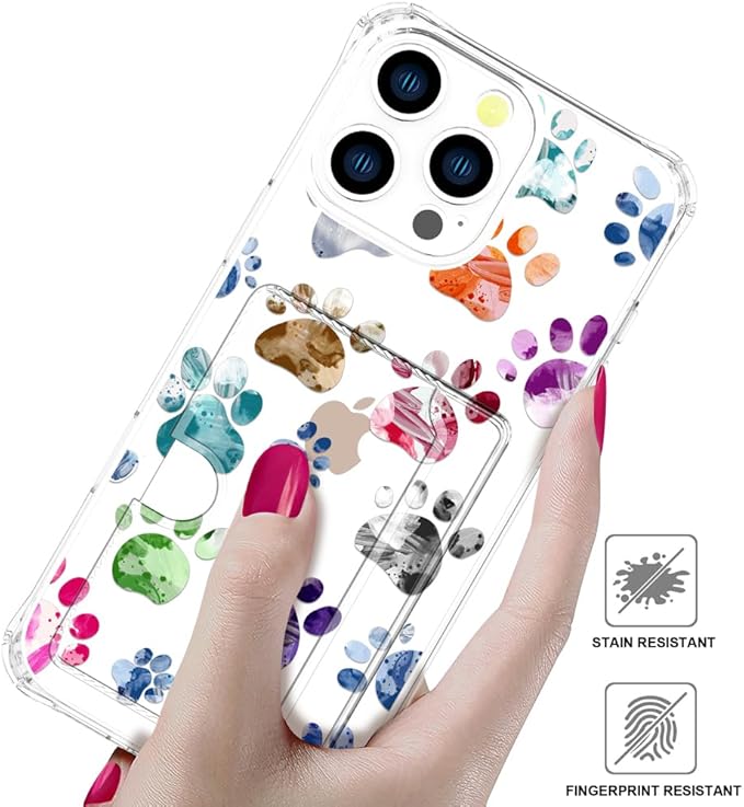Compatible with iPhone 16 Pro Case Card Holder for Women Cute Design,Wallet Phone Cases Transparent Cool Kawaii Protective (Clear Lovely Dogs Paws)