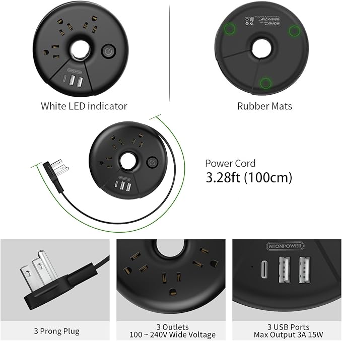 Travel Power Strip, NTONPOWER Portable Charging Station 3 USB Without Surge Protector Short Extension Cord 15 inches Compact for Home, Office, Cruise Ships, Business Trip, Hotels, Black
