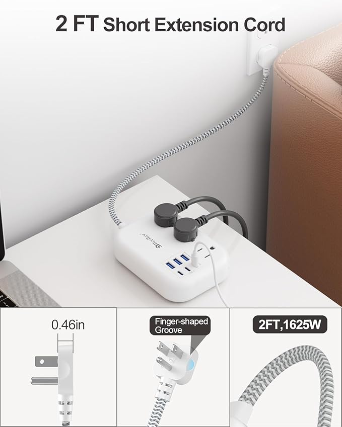 Beeiker Short Extension Cord 2 Foot- 6 USB(3 USB C) Travel Power Strip with 24W USB Charging Station and 3 Outlets, 2ft Small Flat Plug Extension Cord Surge Protector for Travel Home College Dorm 13A