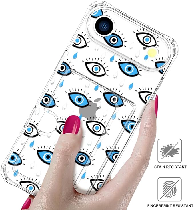 Compatible with iPhone 17 Air Case Card Holder for Women Cute Design,Wallet Phone Cases Transparent Cool Kawaii Protective (Clear Blue Evil Eyes)