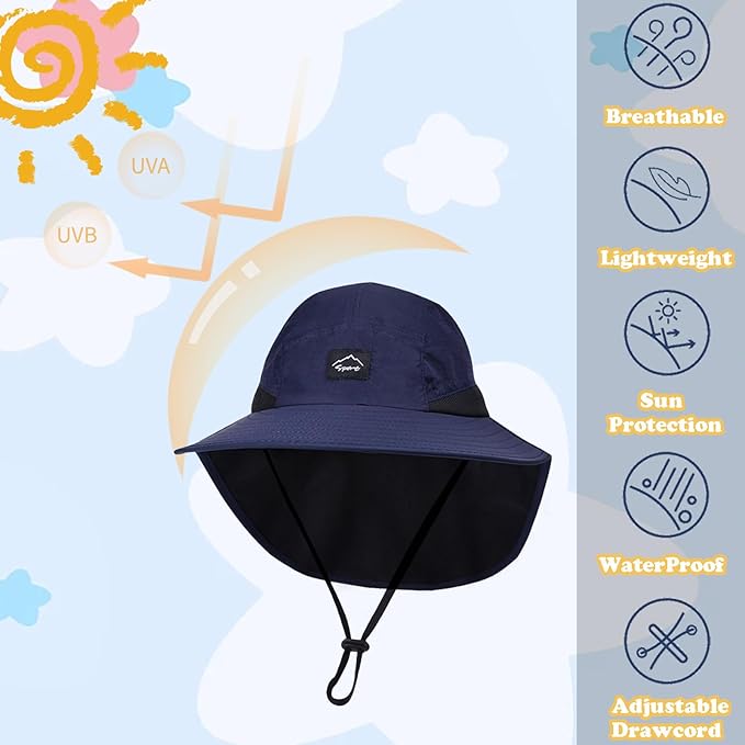 Outdoor Kids Sun Hat with Neck Flap UPF 50+ Quick Dry Beach Hats for Baby Boys Girls Age 2-12 Years Adjustable