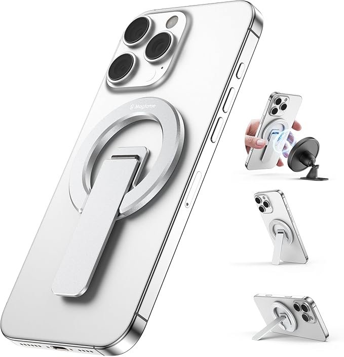 Magtame Double-Sided Magnetic Phone Stand Grip, Strong Magnetic Kickstand Desk Holder for Mag&Safe and Smartphone, Foldable Adjustable Design, Silver