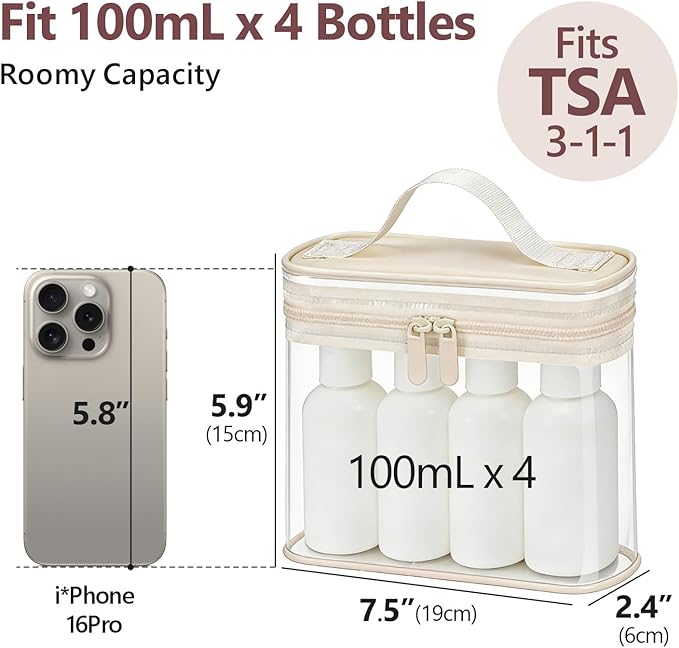PACKISM TSA Approved Toiletry Bag 2 Pack - Quart Size Clear Makeup Bag with Handle & Dual Metal Zippers, Large Opening 3-1-1 Airline Compliant Security Travel Organizer for Carry On Liquids, Beige