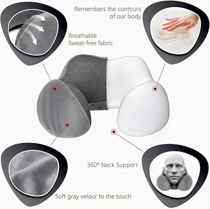 Airplane Travel Neck Pillow, 100% Memory Foam Ergonomic Neck Support, Airplanes Neck Pillow with Washable Cover Travel Essential for Flight, Office includes Eye Masks, Earplugs & Carry Bag (Dark Gray)